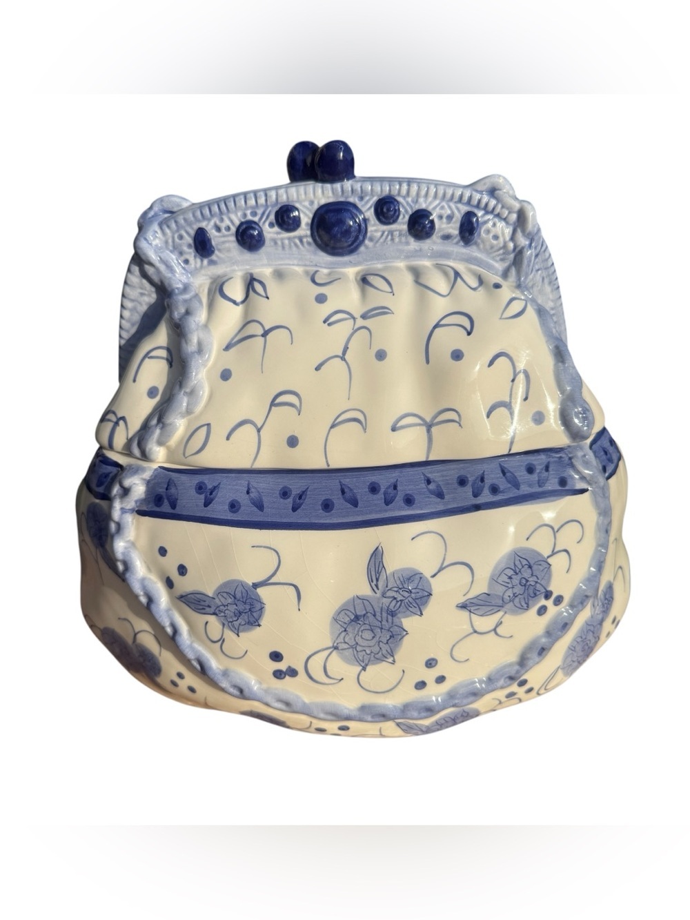 Cheryl & Co Ceramic Purse Cookie Jar Blue White Floral Canister Cottagecore 9”